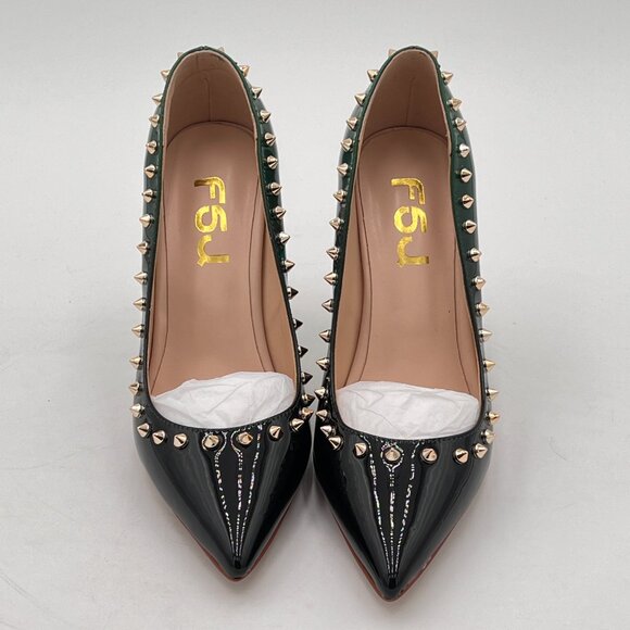 FSJ Green Bridal Pointed Toe Chunky High Heel Crystal Pumps Wedding Dress Shoes - Picture 3 of 8